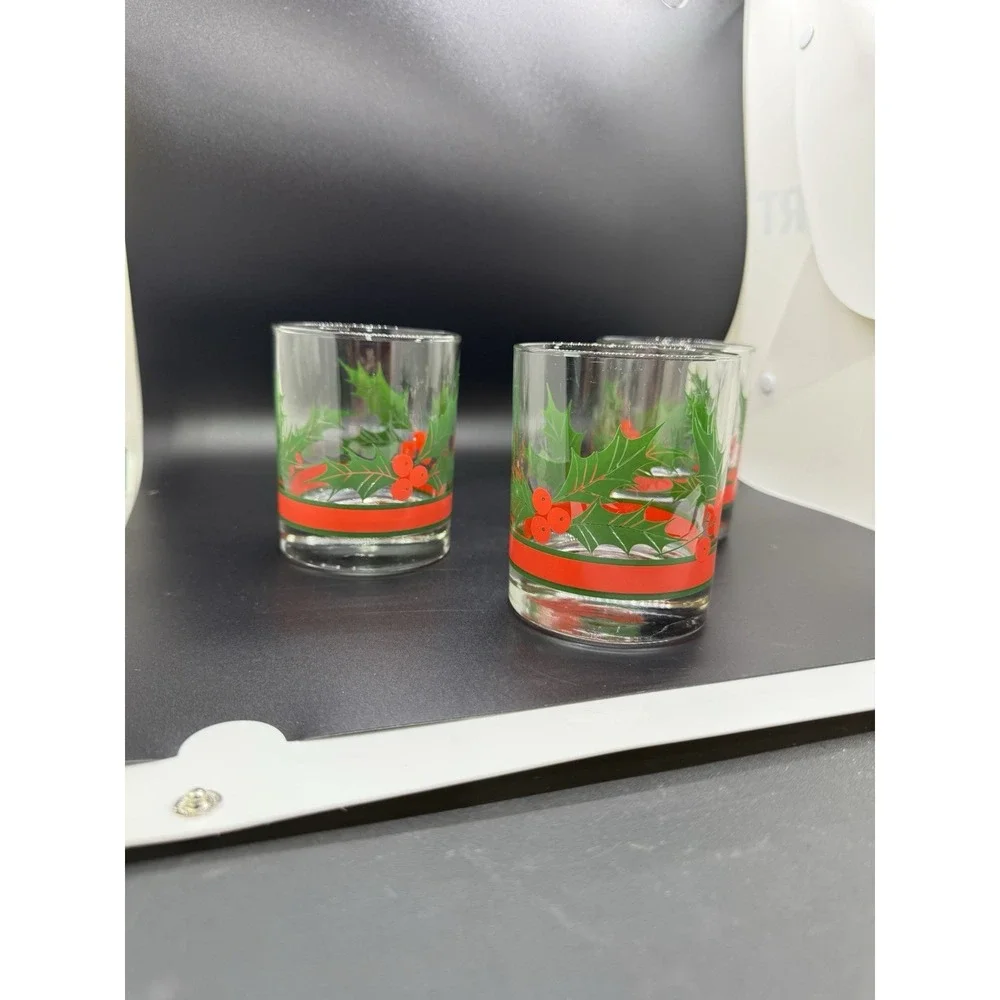 3 Libbey Holly & Berries Christmas Curved Flared Old Fashioned Glasses 10oz‎